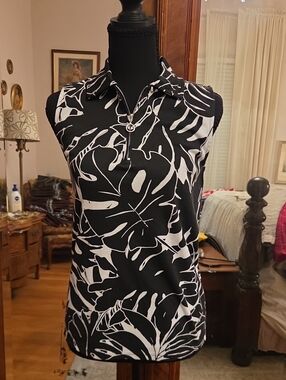 Rafaella Black & White Leaf-Print Sleeveless Polo